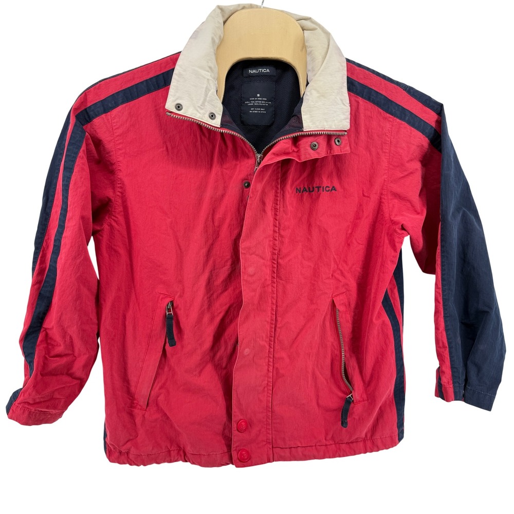 Vtg. 90s Nautica Jacket Mens Small Pre-Owned Windbreaker Red Blue Stowaway Hood